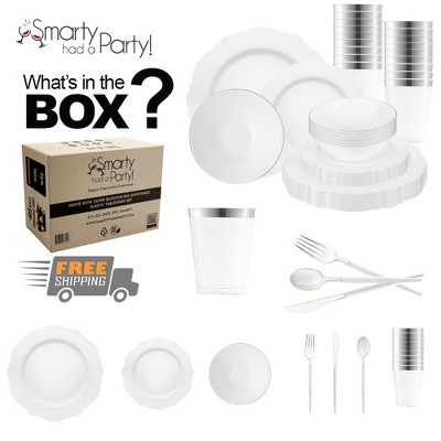 Smarty Had A Party White w/ Silver Blossom Rim Plastic Tableware Set - 60 Sets