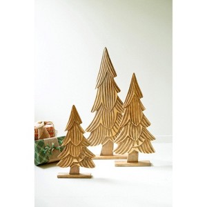 Kalalou Set of Three Carved Wooden Christmas Trees on Bases – Natural with Gold Detail - 1 of 3