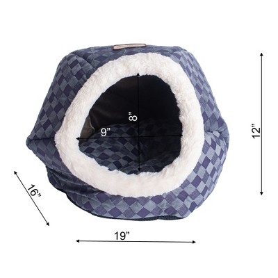 Blue Checkered Waterproof Velvet Cat Bed with Poly Fill