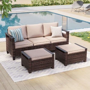 Sonkuki 3 Pieces Patio Sofa with Ottomans, All-Weather PE Rattan Wicker Sofa Small Patio Conversation Couch with Cushion - 1 of 4