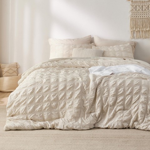 Bedsure 7 Pcs Plaid Seersucker Bedding Set Queen Size Beige