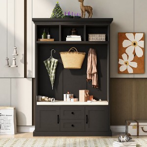 NicBex Hall Tree with Bench Entryway Hall Tree with 3 Hooks, 3 Open Shelves, 2 Drawer and 2 Storage Cabinets Anti-Dumping Hall Tree, Black - 1 of 4