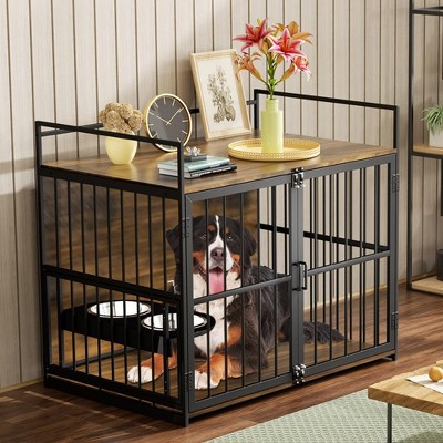 Large Brown Steel and Wood Dog Crate Table with Bowls