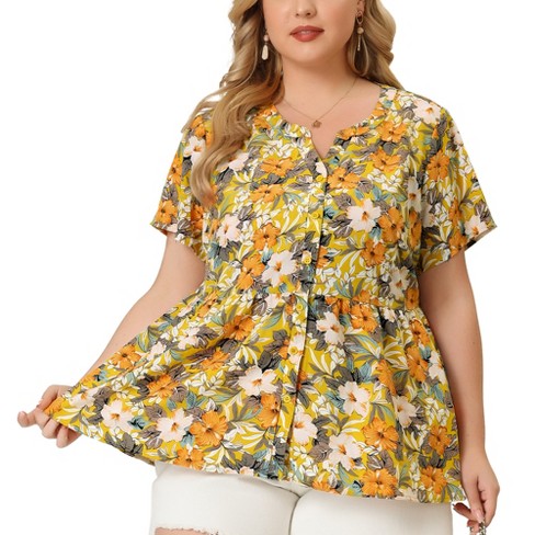 Agnes Orinda Women's Plus Size Floral Print Button Down Casual Peplum Shirt  Yellow 4X