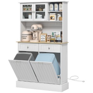 Gulches 67.7"H Freestanding Kitchen Pantry - Charging Station, 2 Tilt-Out Trash Cabinets, Microwave Stand, Glass Doors, White, 39.4"W x13.8"D - 1 of 4