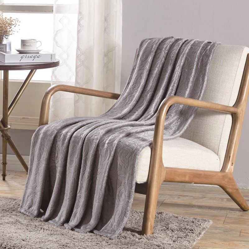 Dama Scroll All Season Embossed Pattern Ultra Soft and Cozy 50" x 60" Throw Blanket, Grey, 2 of 5