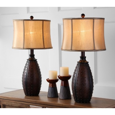 Santa Fe Rustic Brown Studded Faux Leather Table Lamp Set with Beige Shades