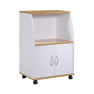 Hodedah Wooden Miniature Kitchen Microwave Island Cart with Locking Wheels for Easy Mobility and Double Door Cabinet Storage, White - 1 of 4