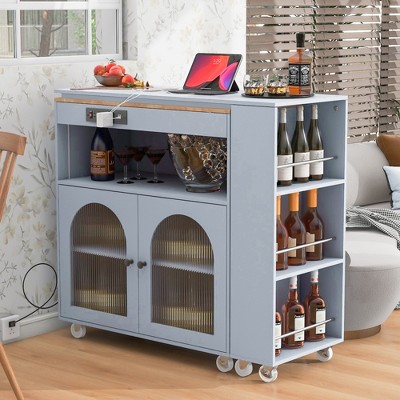 VYNXARIA Rolling Kitchen Island With Extended Table,2 Fluted Glass Doors, Kitchen Island with a Storage Compartment and Side 3 Open Shelves, Gray