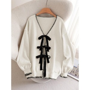 Women's Color Block Tie Front Cardigan, Contrast Trim Open Front