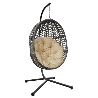 DSVIMOY Hanging Swing Egg Chair with Stand, Outdoor Patio Tear Drop Shape Hammock Chair with Cushion, Khaki, 44.5"*37.4"*78"