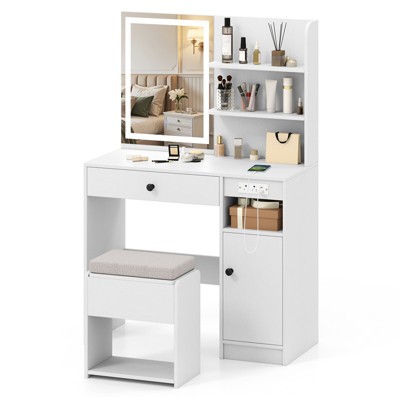 Tangkula Vanity Desk with Mirror & Lights Makeup Dressing Table w/Cushioned Storage Stool & Power Outlets White/Black