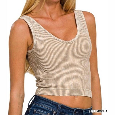 Women's Washed Ribbed Seamless Bra Padded Tank Top - ZENANA