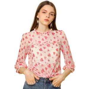 INSPIRE CHIC Women's 3/4 Sleeves Ruffle Mock Neck Sheer Lace Blouse - 1 of 4