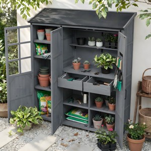Large Wooden Garden Shed Workstation, Gray Outdoor Potting Bench