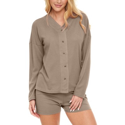 ADR Women's Pajamas Set, Soft Ribbed Knit Waffle Pajamas Lounge Set, Long Sleeve Sweater Top Shirt and Shorts