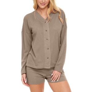 ADR Women's Pajamas Set, Soft Ribbed Knit Waffle Pajamas Lounge Set, Long Sleeve Sweater Top Shirt and Shorts - 1 of 4