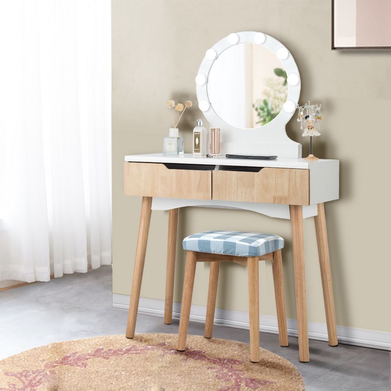 Tangkula Vanity Table Set w/ Lighted Makeup Dresser Mirror & Drawers Natural Wood, 2 of 11