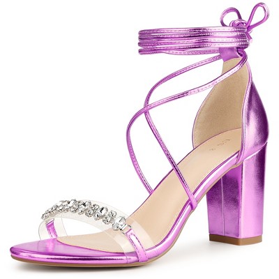 Perphy Women's Crystal Rhinestones Strap Lace Up Chunky Heel Sandals