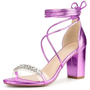 Perphy Women's Crystal Rhinestones Strap Lace Up Chunky Heel Sandals - 1 of 4