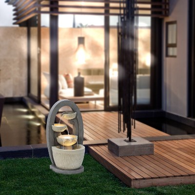 Gray Oval Cascading Bowls Resin Outdoor Fountain with LED Lights
