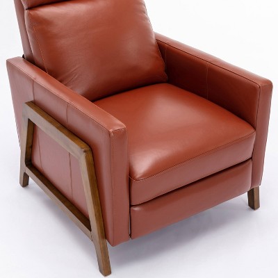 Modern Caramel Leather and Wood Push Back Recliner