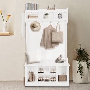 Hall Tree with Storage Bench, 3-In-1 Entryway Bench with Coat Rack and Shoe Storage, Wood Coat Tree with 4 Tri-Hooks and 11 Open Compartments - 1 of 4