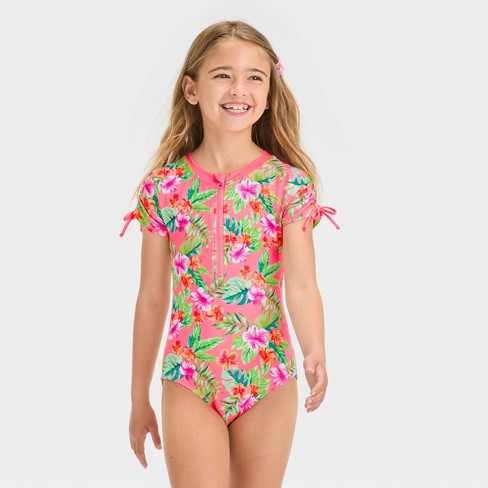Girls' Tropical Charm Leaf Printed One Piece Rash Guard Swimsuit