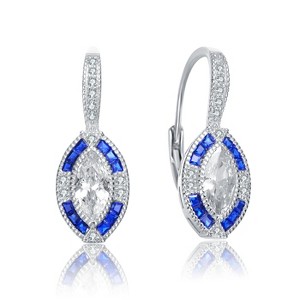 Guili Sterling Silver White Gold Plated Oval Sapphire Blue Cubic Zirconia Leverback Earrings, a Breathtaking Emblem of Sheer Elegance - 1 of 4