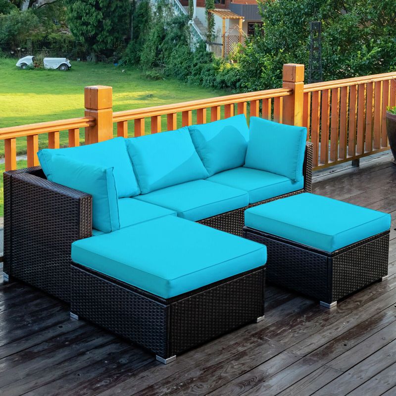 Tangkula 5-Piece Outdoor Patio Sectional Rattan Wicker Conversation Sofa Set with Turquoise/Yellowish Cushions, 4 of 6