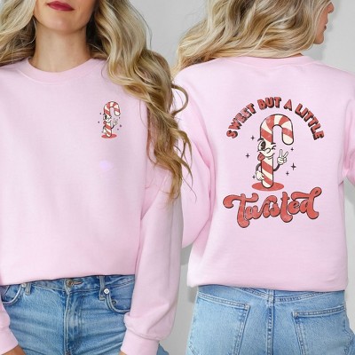 Simply Sage Market Women's Graphic Sweatshirt A Little Twisted Candy Cane Front and Back