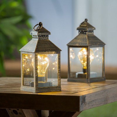 8.5" Black and Brushed Gold Battery Operated Lantern Set