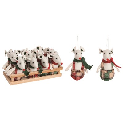 Transpac Polyester 5 in. Multicolor Christmas Plush Plaid Mouse Ornaments In Crate Set of 12