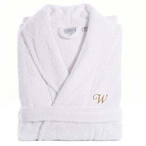 Linum Home Textiles 100% Turkish Cotton Unisex Personalized Terry Bathrobe White in Gold Script Font - 1 of 2