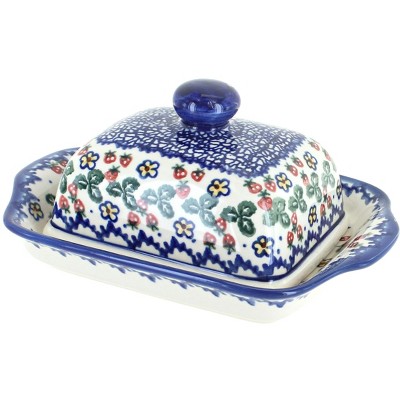 Blue Rose Polish Pottery Strawberry Garden Butter Dish