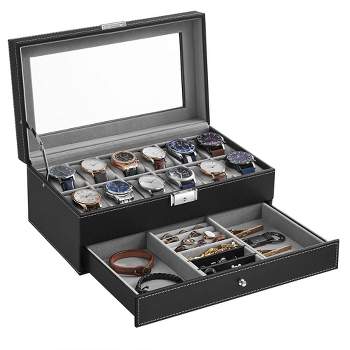 SONGMICS 12-Slot Watch Box, Lockable Watch Case with Glass Lid, 2 Layers, with 1 Drawer for Rings, Bracelets, Gift Idea, Black and Gray