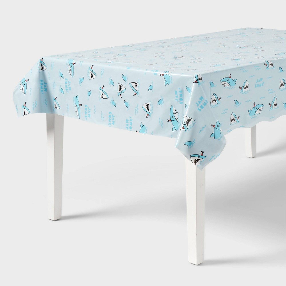 54"x84" Shark Printed Plastic Table Cover Blue - Spritz™