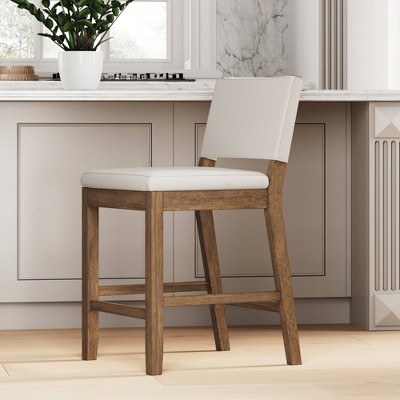 Linus Dark Brown Wood and Light Gray Linen Bar Stool