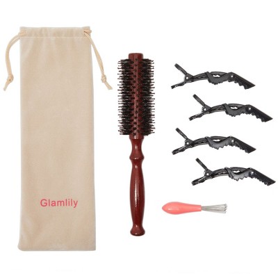 Glamlily 7 Piece Set 2 Inch Round Boar Bristle Hair Brush, Sectioning Clips, Cleaning Tool, Travel Bag