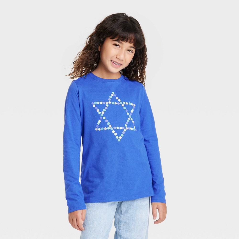 size 7/8 Girls' Hanukkah Long Sleeve Graphic T-Shirt - Cat & Jack Bright Blue M