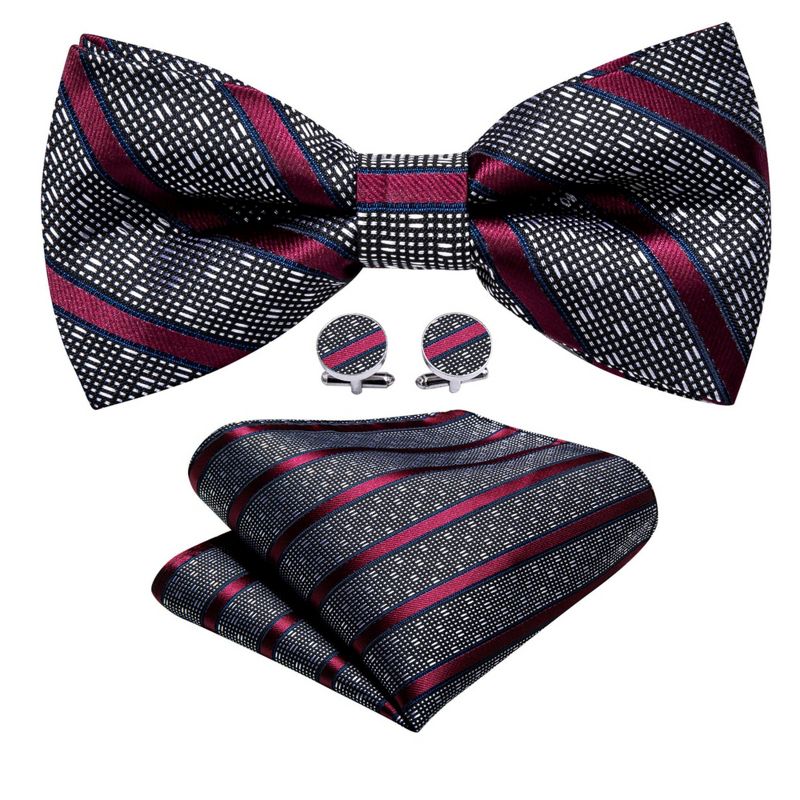 Men's Burgundy And Black Striped 100% Silk Pre-Tied adjustable Bow Tie Pocket Square Cufflinks Set, 1 of 5