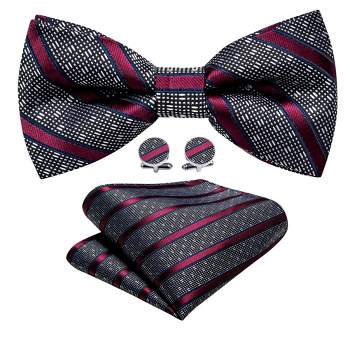 Men's Burgundy And Black Striped 100% Silk Pre-Tied adjustable Bow Tie Pocket Square Cufflinks Set