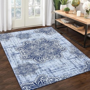Runner & Area Rug, Vintage Medallion Design, Boho Accent, Non-Slip Washable Soft Rug for Kitchen, Hallway, Bedroom, Distressed Look - 1 of 4