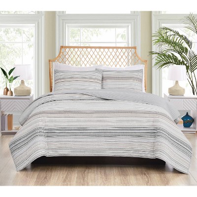 Gray Twin Microfiber Quilt Set with Striped Design