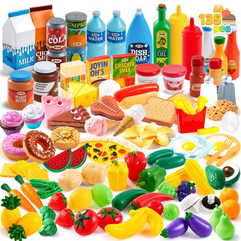 JOYIN  135Pcs Pretend Play Food Set Toddler Boys Dessert, Tableware, Bottles, Dramatic Plastic Food Toys, 1 of 8