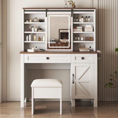 TIRAMISUBEST Farmhouse Makeup Vanity Desk with Sliding Mirror and Lights, Vanity Table with Cushioned Stool, Dressing Table with 2 Drawers and Shelves