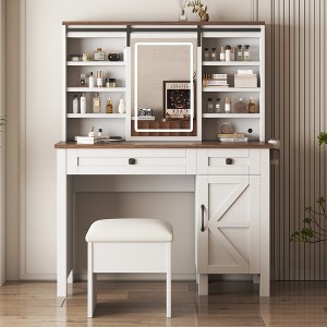 TIRAMISUBEST Farmhouse Makeup Vanity Desk with Sliding Mirror and Lights, Vanity Table with Cushioned Stool, Dressing Table with 2 Drawers and Shelves - 1 of 4