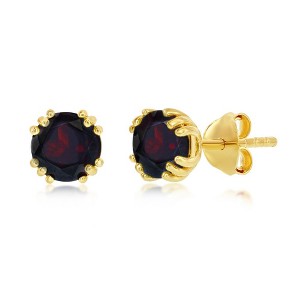 Simona Sterling Silver 'January Birthstone' Round 6mm Gem, Gold Plated Stud Earrings - Garnet (2.02cttw) - Red - 1 of 2