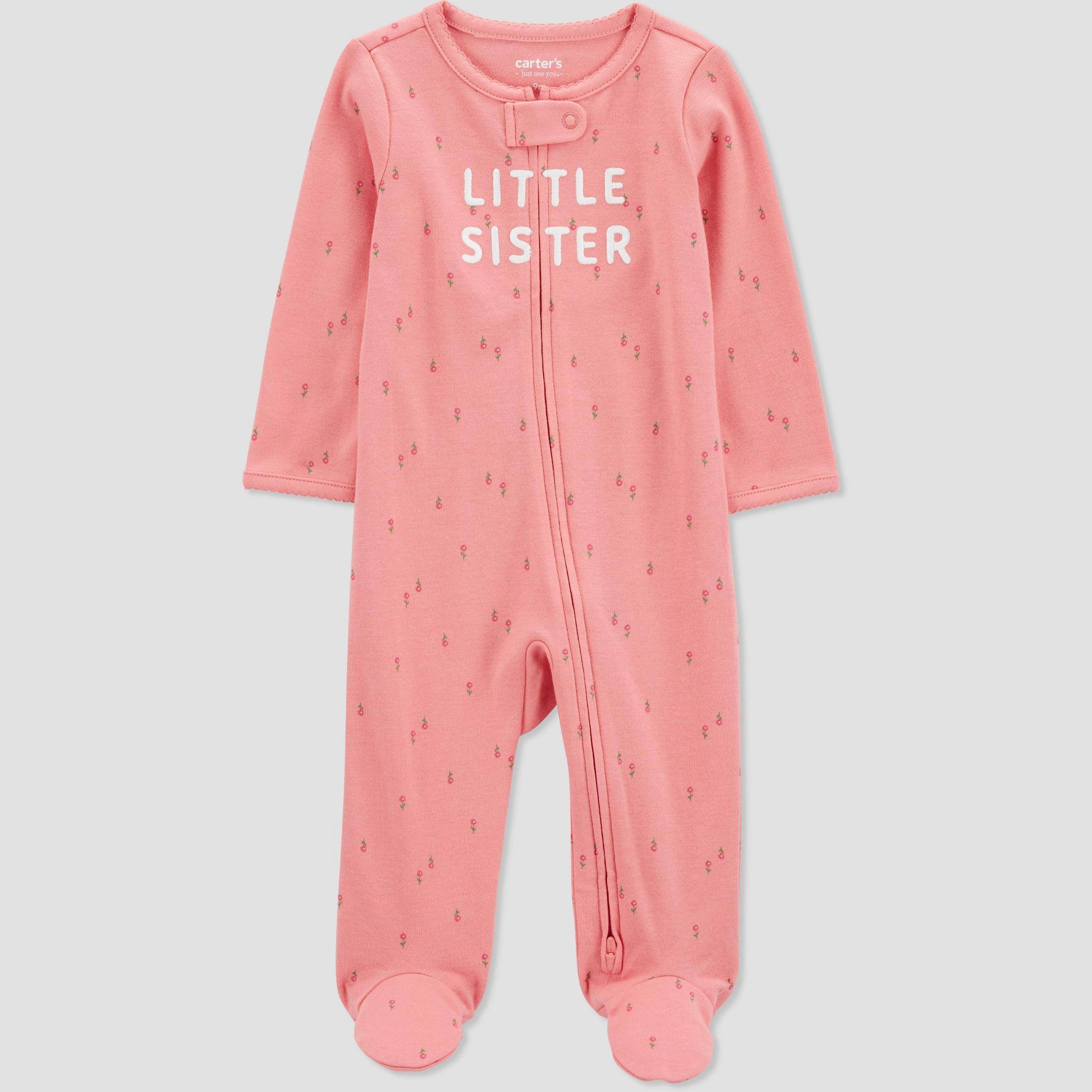 Carter's Just One You®️ Baby Girls' Floral Little Sister Sleep N' Play - Pink 6M: Cotton Footed Pajamas, Two-Way Zipper