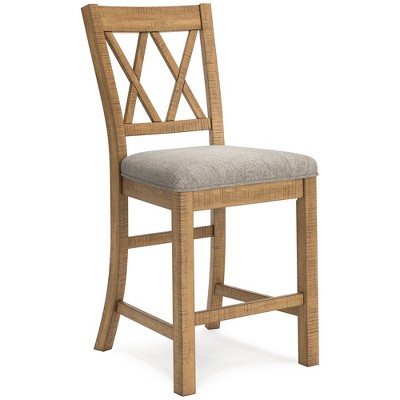 Havonplane Light Brown Wood Counter Height Barstools with Upholstered Seats, Set of 2